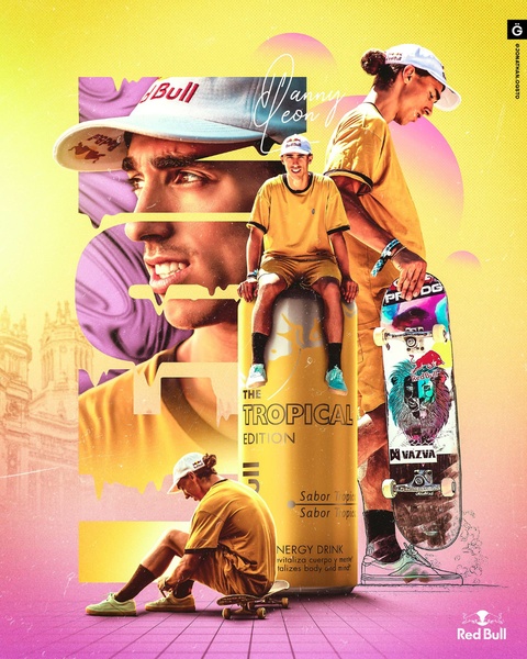 A high-energy, visually layered composition featuring a pro skateboarder and the product, using vibrant yellow and purple tones to emphasize a tropical theme.