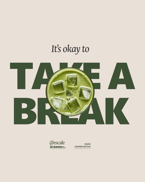 A minimalist overhead shot of an iced matcha latte centered in bold, clean typography that invites the viewer to pause.