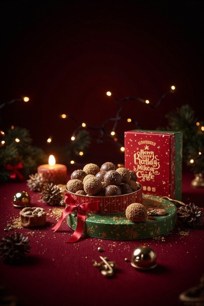 A high-quality studio shot of artisanal chocolate truffles inside a holiday-themed box, surrounded by festive pine, candles, and warm bokeh lighting.
