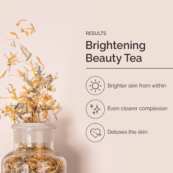 A clean, minimalist product ad showcasing tea ingredients beside a benefits list focused on skin health.