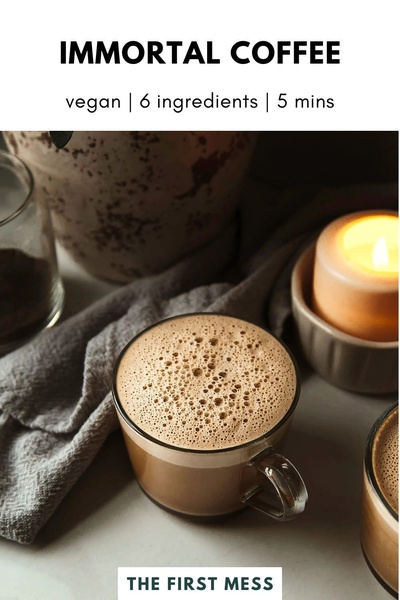 A warm, atmospheric image of a coffee drink prepared with specific ingredient and time callouts, emphasizing a cozy and artisanal brand experience.