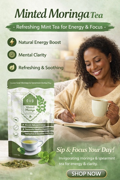 A calm, lifestyle-oriented ad for minted moringa tea that pairs a high-quality product shot with clear benefit bullet points.