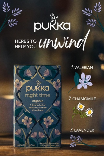 A clean, educational ad layout that highlights three key herbal ingredients alongside a premium product pack shot to communicate relaxation benefits.