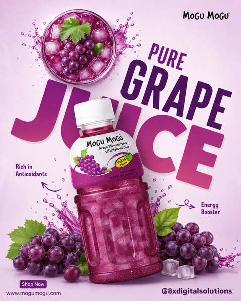 A vibrant 4:5 static ad featuring a bottle of grape juice surrounded by fresh grapes, ice cubes, and refreshing liquid splashes to emphasize taste and health benefits.