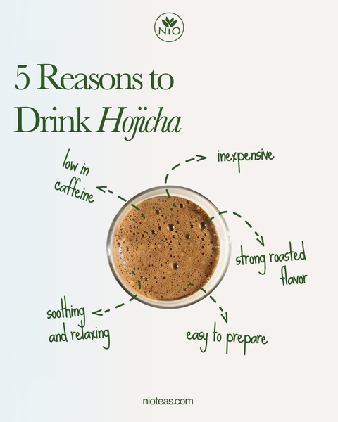 A clean, minimalist infographic-style advertisement that uses callout lines to highlight five distinct product benefits of Hojicha tea.