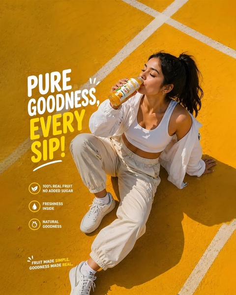 This creative features an active, sporty individual drinking a bottle of natural fruit juice on a bright outdoor court to emphasize purity and freshness.
