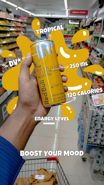 A first-person view of a tropical energy drink can held in a grocery aisle, enhanced with digital call-out lines and typography highlighting key product statistics.