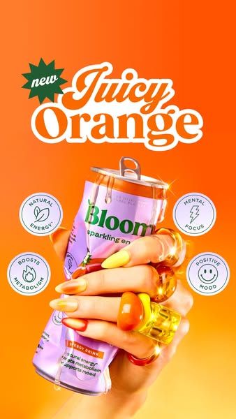 A high-energy, vertically-oriented creative featuring a hand holding a sparkling energy drink can surrounded by benefit-driven icons and bright, saturated colors.