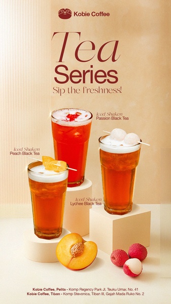 A high-quality 9:16 vertical creative featuring three distinct iced black tea variations arranged on pedestals with fresh fruit garnishes.
