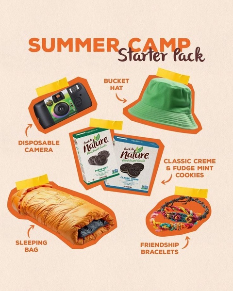 A flat-lay style ad creative that pairs cookies with summer camp essentials like a bucket hat, camera, and sleeping bag to evoke a specific lifestyle vibe.