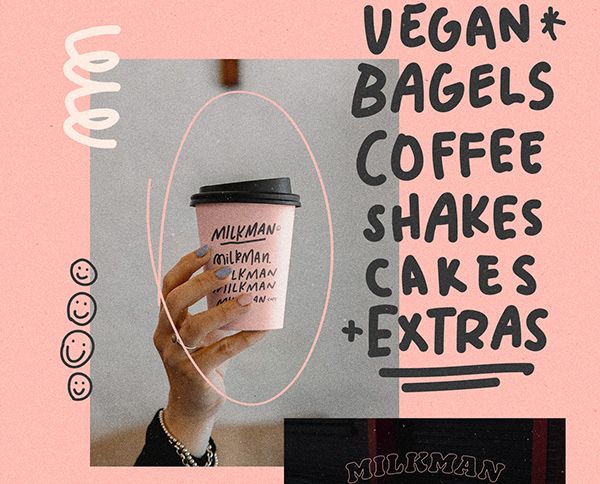 This ad creative utilizes a soft pink and grey color palette with hand-drawn typography to showcase coffee shop offerings, including vegan options and baked goods.