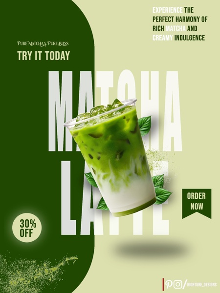 A high-contrast vertical ad featuring a matcha latte with a 30% off discount, set against a split-tone green background.