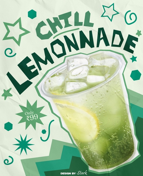 A clean, graphic-focused ad for a lemonade drink featuring a bold price point and stylized illustrative elements.