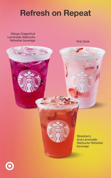 A high-visibility vertical display featuring three distinct fruit beverages labeled with their specific variety and placed against a vibrant gradient background.