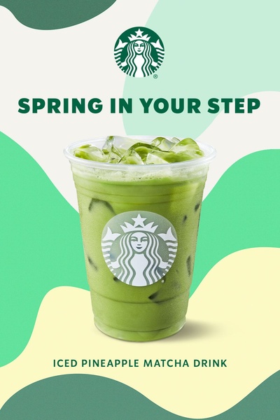 A high-contrast vertical beverage creative featuring a seasonal spring-themed background and a clean product hero shot.