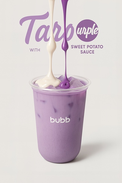 A clean, minimalist product hero shot featuring a taro drink with dual-sauce drips on a light background.