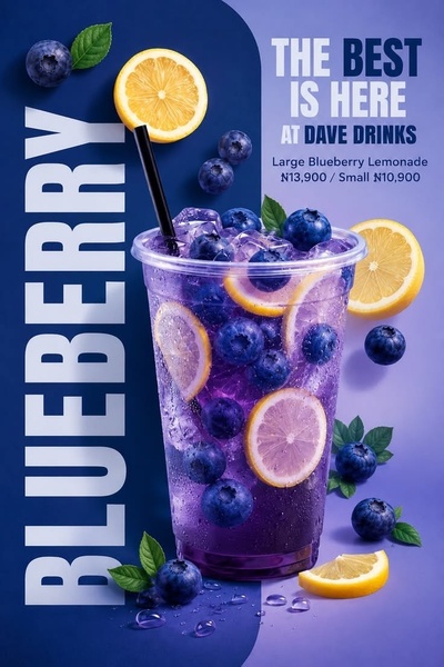 This creative showcases a glass of blueberry lemonade with floating ingredients in a clean, high-contrast studio environment.