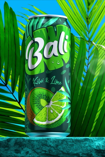 A high-definition product hero shot of a kiwi and lime flavored beverage can, positioned against a vibrant tropical foliage background.