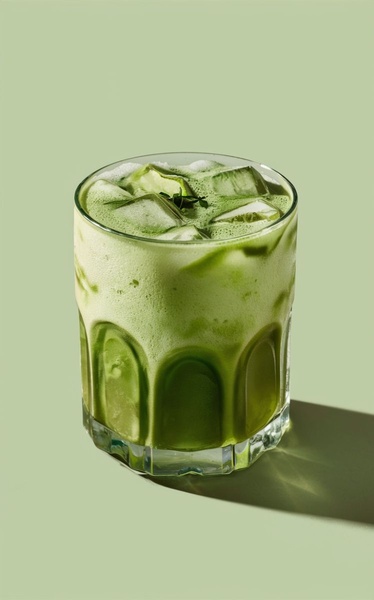 A high-end, clean product shot of an iced matcha latte in a textured glass, set against a solid sage green backdrop.