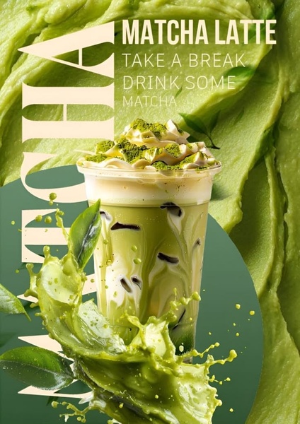 A high-impact 3:4 product creative featuring a matcha latte with a dynamic, liquid splash effect and clean typography.