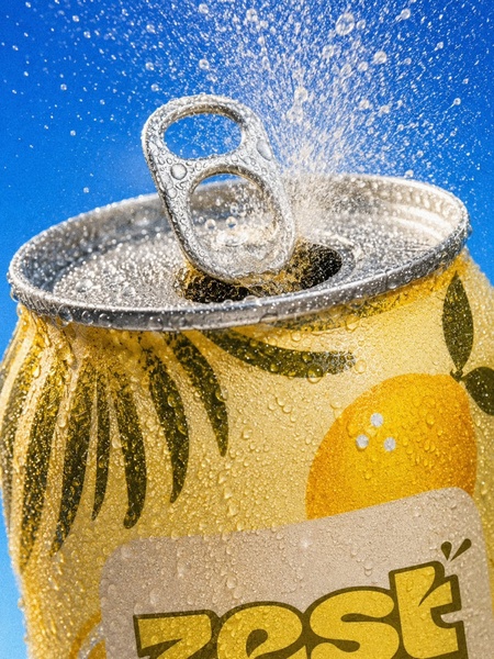 A close-up, high-detail macro shot of a lemon-flavored Zest soda can being opened, featuring intense water droplets and vibrant brand colors.