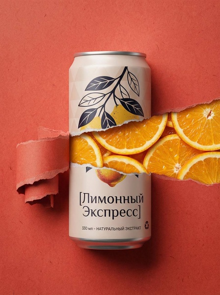 A high-impact product shot featuring a canned lemon drink bursting through a torn paper background to emphasize natural ingredients.