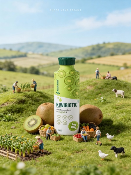 A high-quality product hero shot featuring a bottle of Kiwibiotic surrounded by miniature farmers and fresh fruit in an idyllic, grassy landscape.