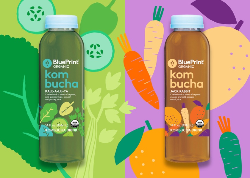 A high-contrast, side-by-side shot featuring two distinct kombucha flavors against vibrant, minimalist vector-style background illustrations.