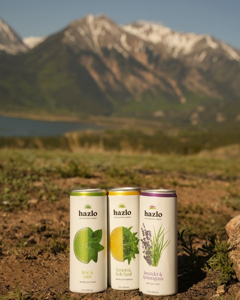This creative showcases three cans of non-alcoholic seltzer lined up against a scenic, blurred mountain backdrop. It emphasizes a clean, nature-focused brand image.