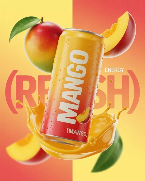 A high-energy product hero shot featuring a canned energy drink surrounded by fresh mango slices and dynamic, suspended liquid splashes.