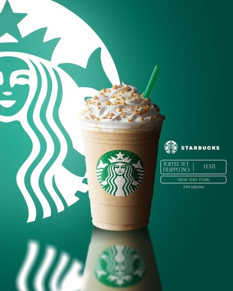 A high-contrast, professional product hero shot of a Toffee Nut Frappuccino centered on a signature green background.