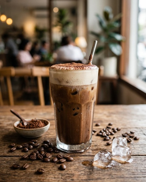 A high-resolution, centered image of a glass of iced coffee with scattered coffee beans and ice cubes on a wooden table to emphasize product freshness.