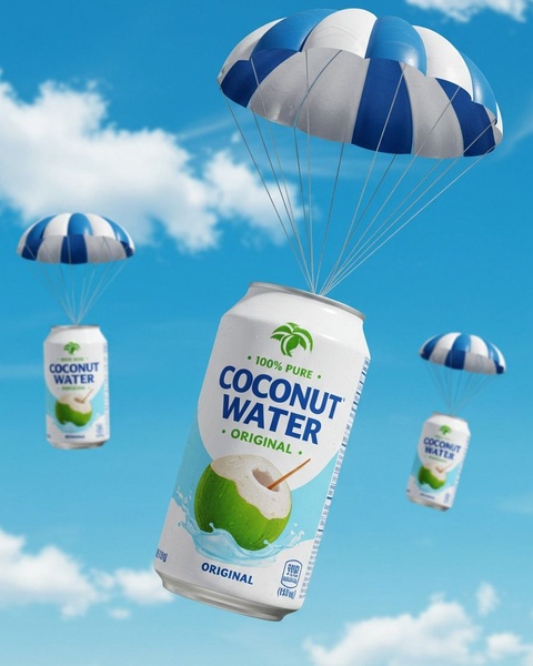 A surreal creative featuring cans of coconut water descending from the sky with blue and white parachutes against a clear bright blue sky.