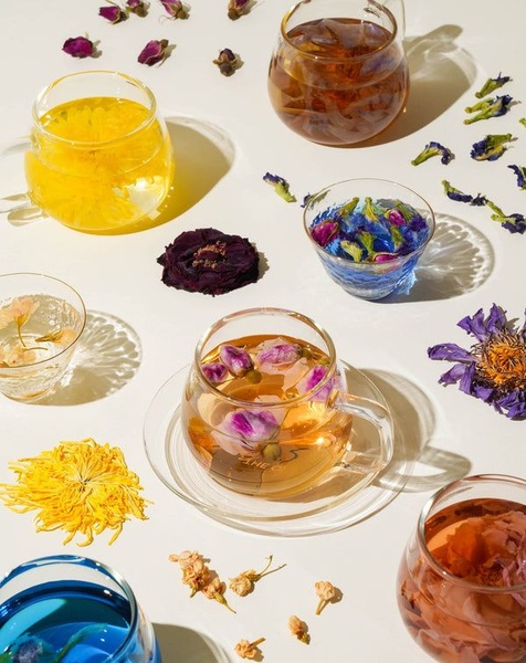 An elegant overhead studio shot featuring multiple glasses of floral tea arranged with dried botanicals on a clean white surface.