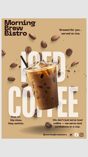 A high-contrast advertisement for iced coffee that uses floating coffee beans and bold typography to create a premium, refreshing brand image.