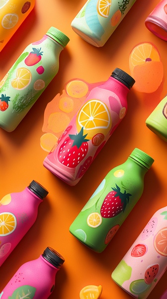 A high-quality flat lay image showing a collection of fruit-infused beverage bottles arranged in an energetic, colorful pattern.