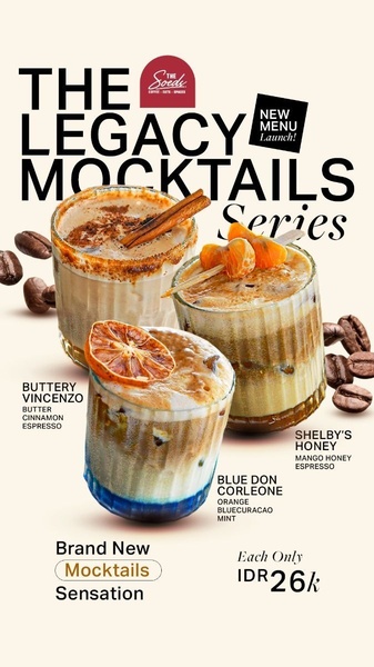 A clean, editorial-style menu announcement for a mocktails and coffee beverage line, featuring three distinct drinks with ingredients and pricing.
