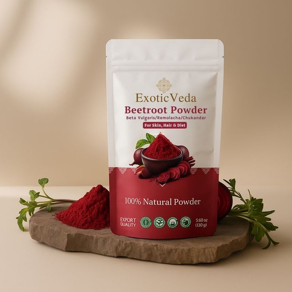 A high-quality product shot featuring beetroot powder in a pouch, displayed on a natural stone surface with subtle beetroot accents against a clean, earth-toned background.
