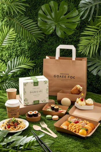 This creative showcases a high-quality takeaway spread arranged on a grassy, organic backdrop, emphasizing fresh and premium brand positioning.
