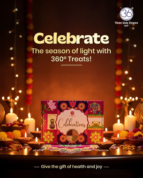 A high-quality lifestyle shot featuring a celebratory gift box surrounded by traditional oil lamps and marigold flowers to convey a warm, festive mood.