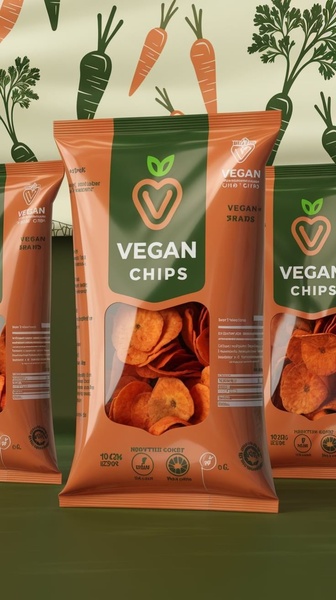 This creative features a centered, high-fidelity 3D product shot of vegan chips against a subtle, illustrative carrot-patterned backdrop.