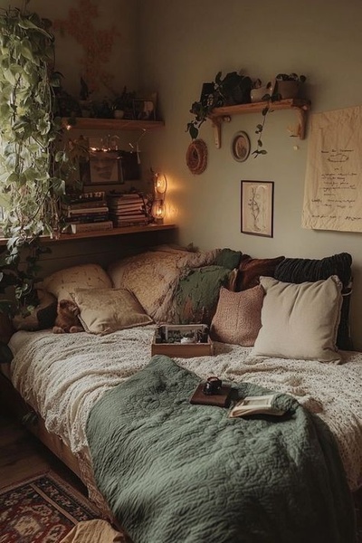 A high-conversion lifestyle shot of a neatly made bed featuring layered textures, soft greens, and natural lighting to evoke comfort.