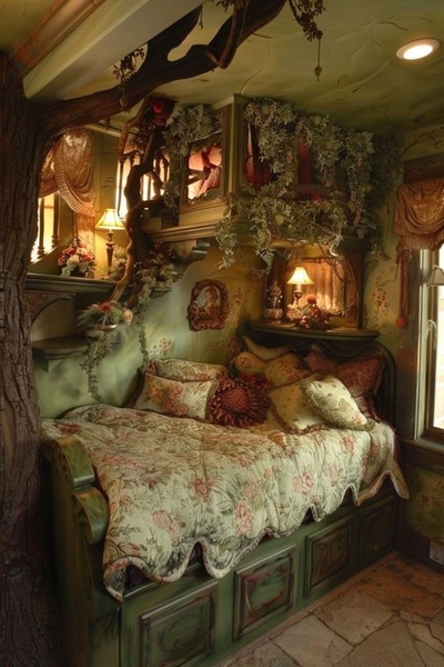 An immersive, fairytale-inspired bed design that uses thematic lighting and intricate woodwork to create a dreamlike, high-end bedroom atmosphere.