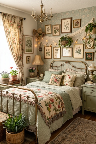 A warm, inviting bedroom scene showcasing a floral bedding set in a cozy, vintage-inspired space, emphasizing comfort and lifestyle design.