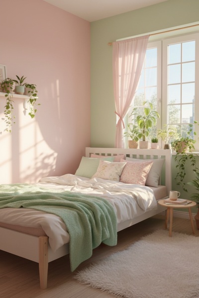 A clean, white bed frame featured in a bright, airy bedroom decorated with soft pinks, light greens, and indoor plants.