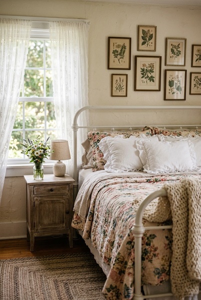 A high-quality lifestyle photograph featuring floral bedding in a sunlit, rustic bedroom setting.