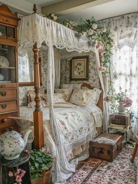 A static ad featuring an ornate four-poster canopy bed with lace draping and floral bedding, emphasizing a dreamy and timeless bedroom style.
