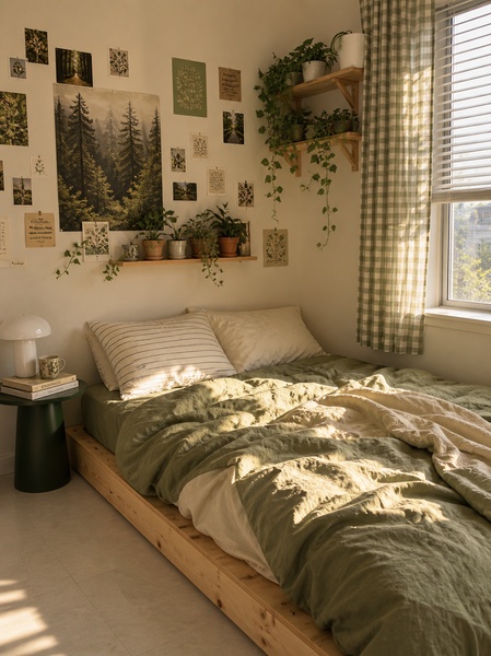 A high-quality lifestyle shot of a neatly made bed featuring soft olive green linen bedding, set in a sun-drenched, nature-inspired bedroom.