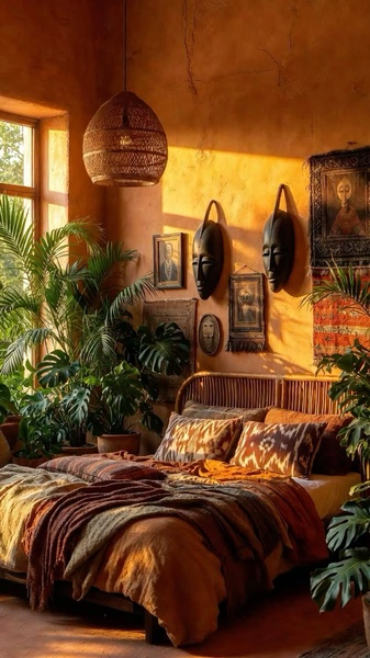 A warm, atmospheric bedroom scene highlighting bohemian bedding, organic textures, and natural lighting to evoke a sense of home comfort.