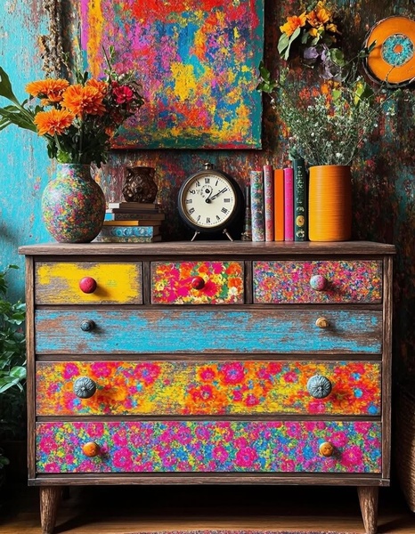 A striking vertical product image featuring a wooden drawer cabinet with floral-patterned drawers, styled against a rich, textured wall with complementary decor.